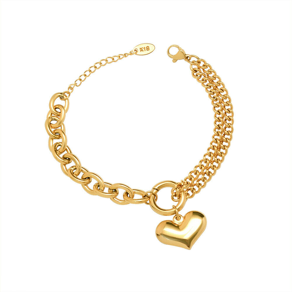 18K Gold Plated Surgical Steel Heart Rolo Link Chain Bracelet