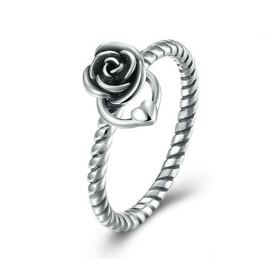 Silver Rose Flower Heart Rope Twist Band Ring