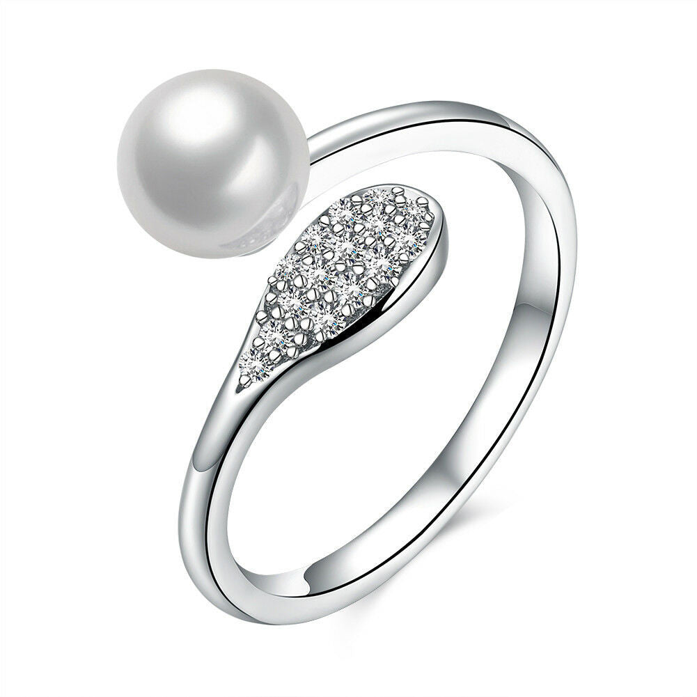 Sterling Silver Crystal Teardrop Pearl Band Ring